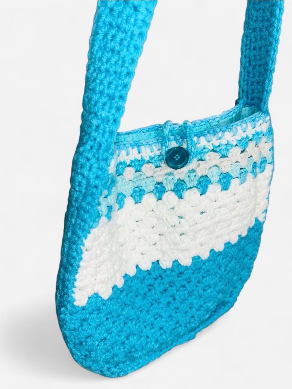 Handmade Turquoise & White Crochet Shoulder Bag with Button Closure